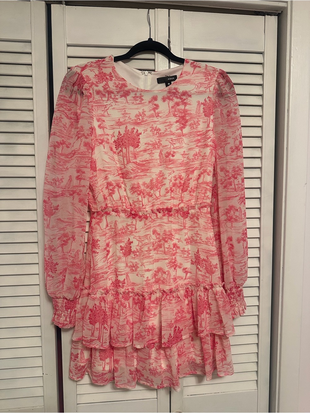Bloomingdale’s Aqua Pink Toile Print Ruffle Mini Dress